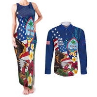 Personalised United States And Guam Couples Matching Tank Maxi Dress and Long Sleeve Button Shirt USA Eagle With Guahan Seal Tropical Vibes LT14 Blue - Polynesian Pride