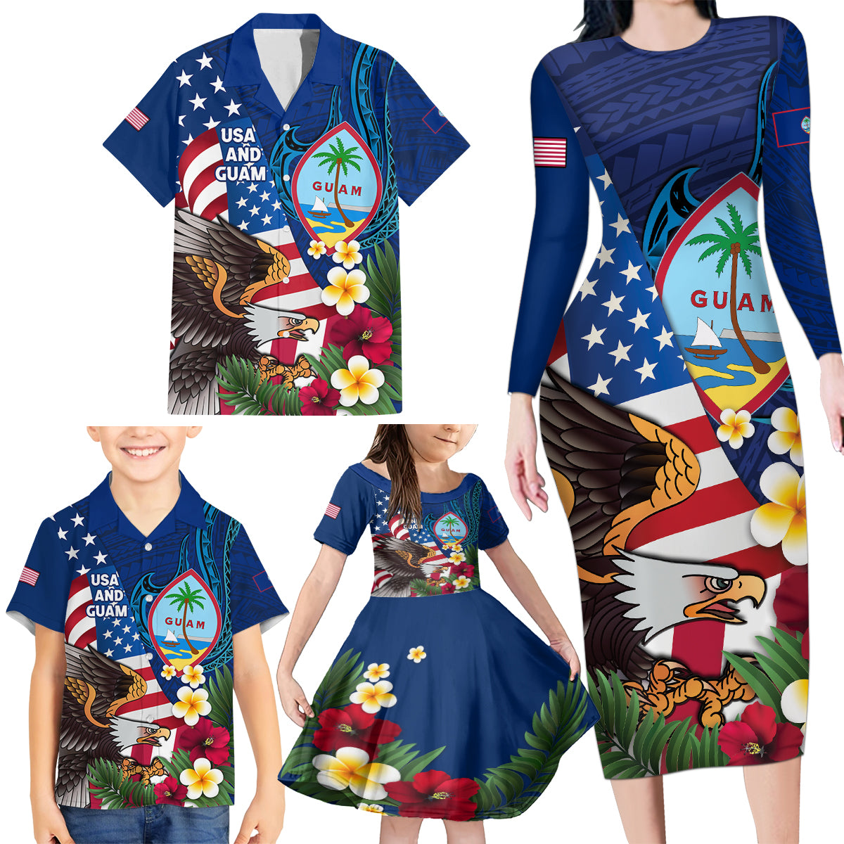 Personalised United States And Guam Family Matching Long Sleeve Bodycon Dress and Hawaiian Shirt USA Eagle With Guahan Seal Tropical Vibes LT14 - Polynesian Pride