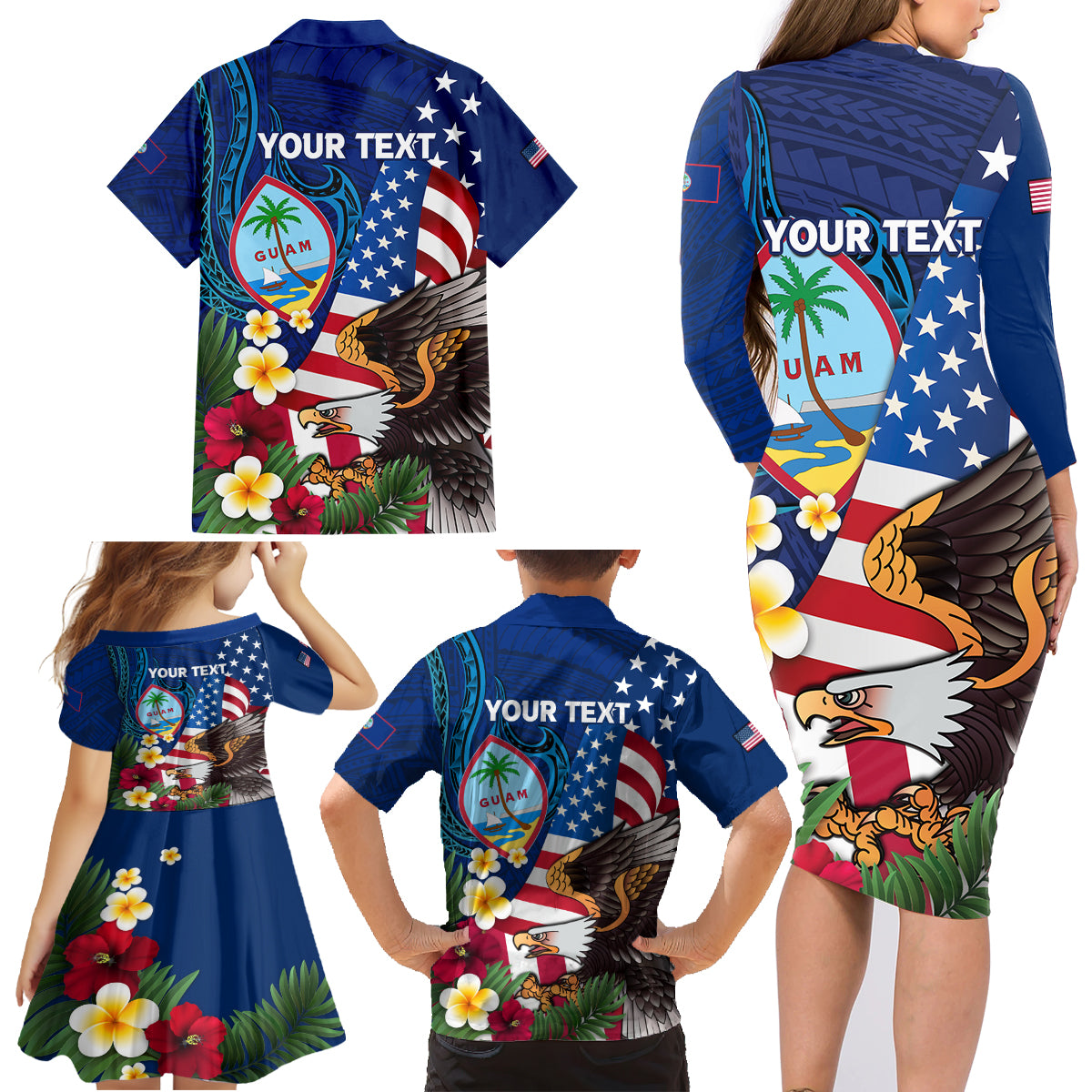 Personalised United States And Guam Family Matching Long Sleeve Bodycon Dress and Hawaiian Shirt USA Eagle With Guahan Seal Tropical Vibes LT14 - Polynesian Pride