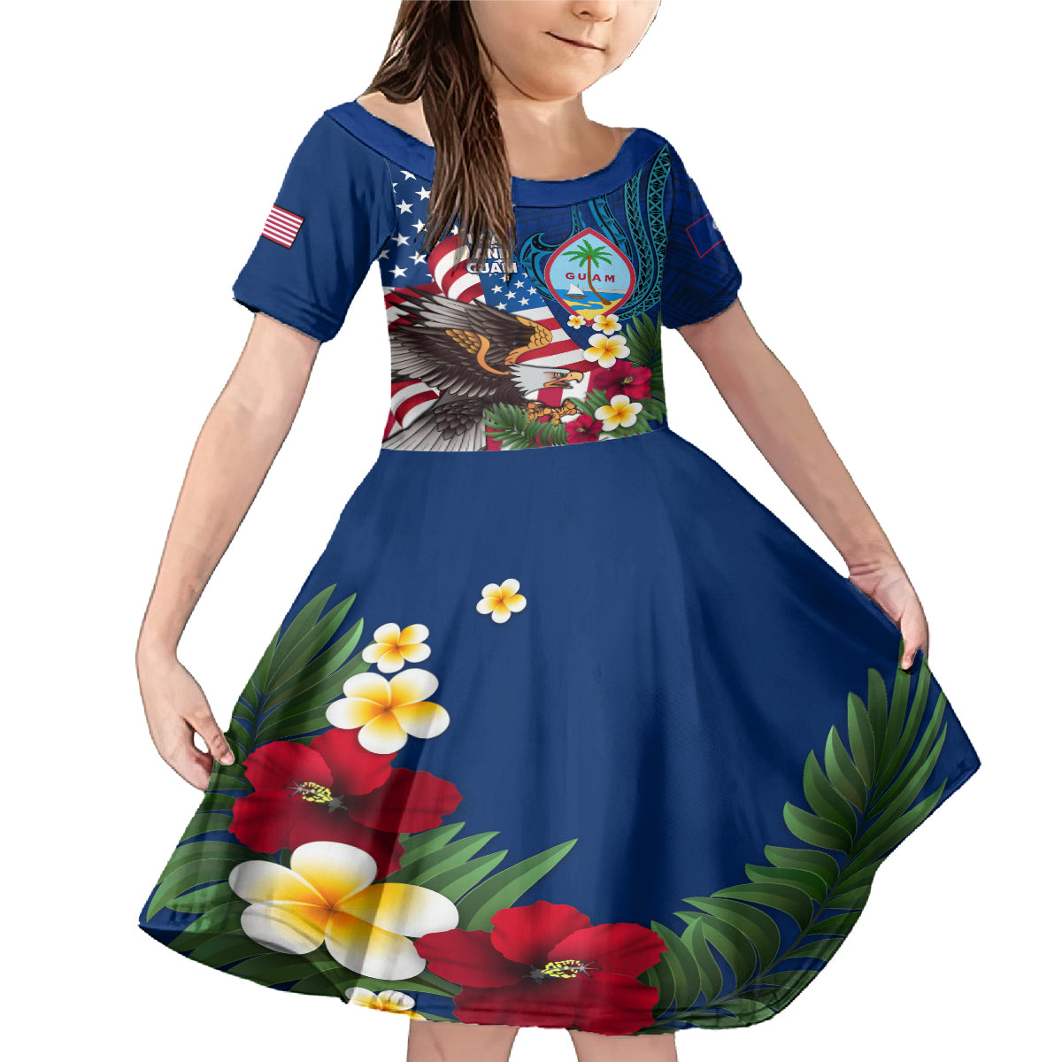 Personalised United States And Guam Family Matching Mermaid Dress and Hawaiian Shirt USA Eagle With Guahan Seal Tropical Vibes LT14 Daughter's Dress Blue - Polynesian Pride