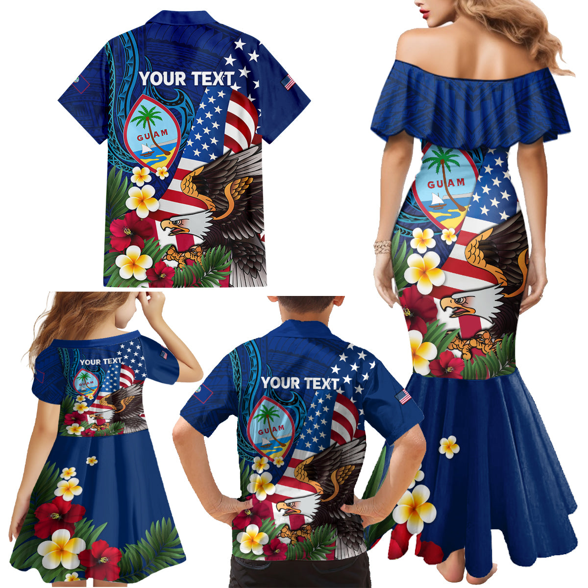 Personalised United States And Guam Family Matching Mermaid Dress and Hawaiian Shirt USA Eagle With Guahan Seal Tropical Vibes LT14 - Polynesian Pride