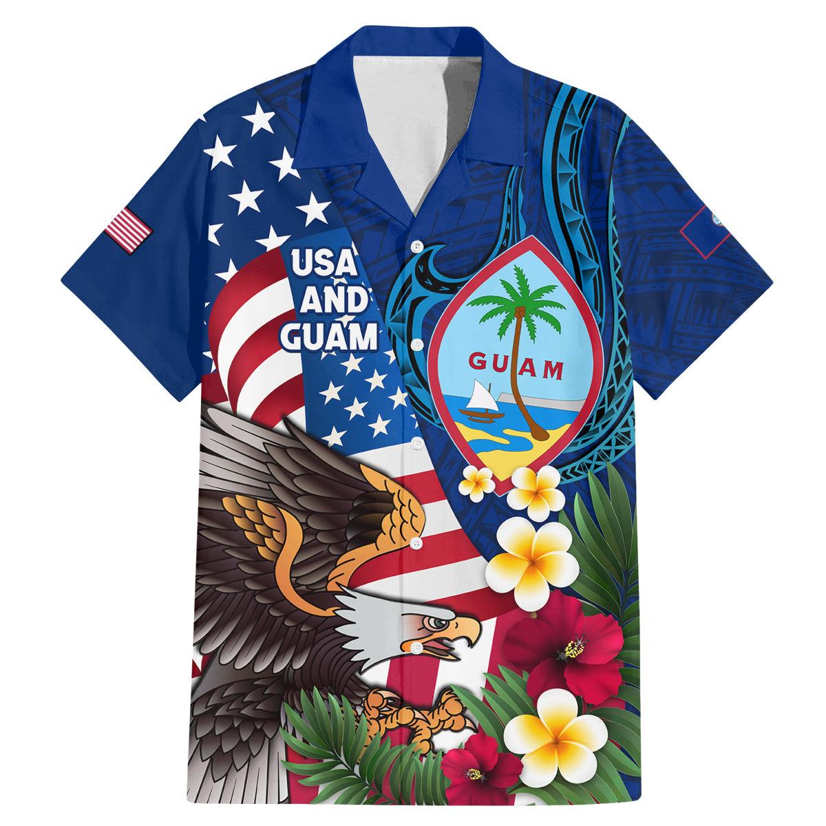 Personalised United States And Guam Family Matching Mermaid Dress and Hawaiian Shirt USA Eagle With Guahan Seal Tropical Vibes LT14 Dad's Shirt - Short Sleeve Blue - Polynesian Pride