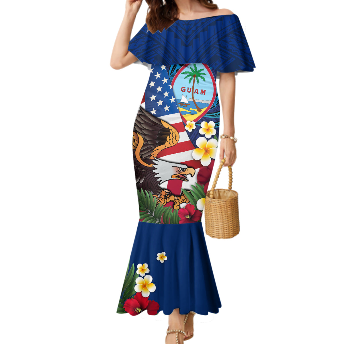 Personalised United States And Guam Family Matching Mermaid Dress and Hawaiian Shirt USA Eagle With Guahan Seal Tropical Vibes LT14 Mom's Dress Blue - Polynesian Pride