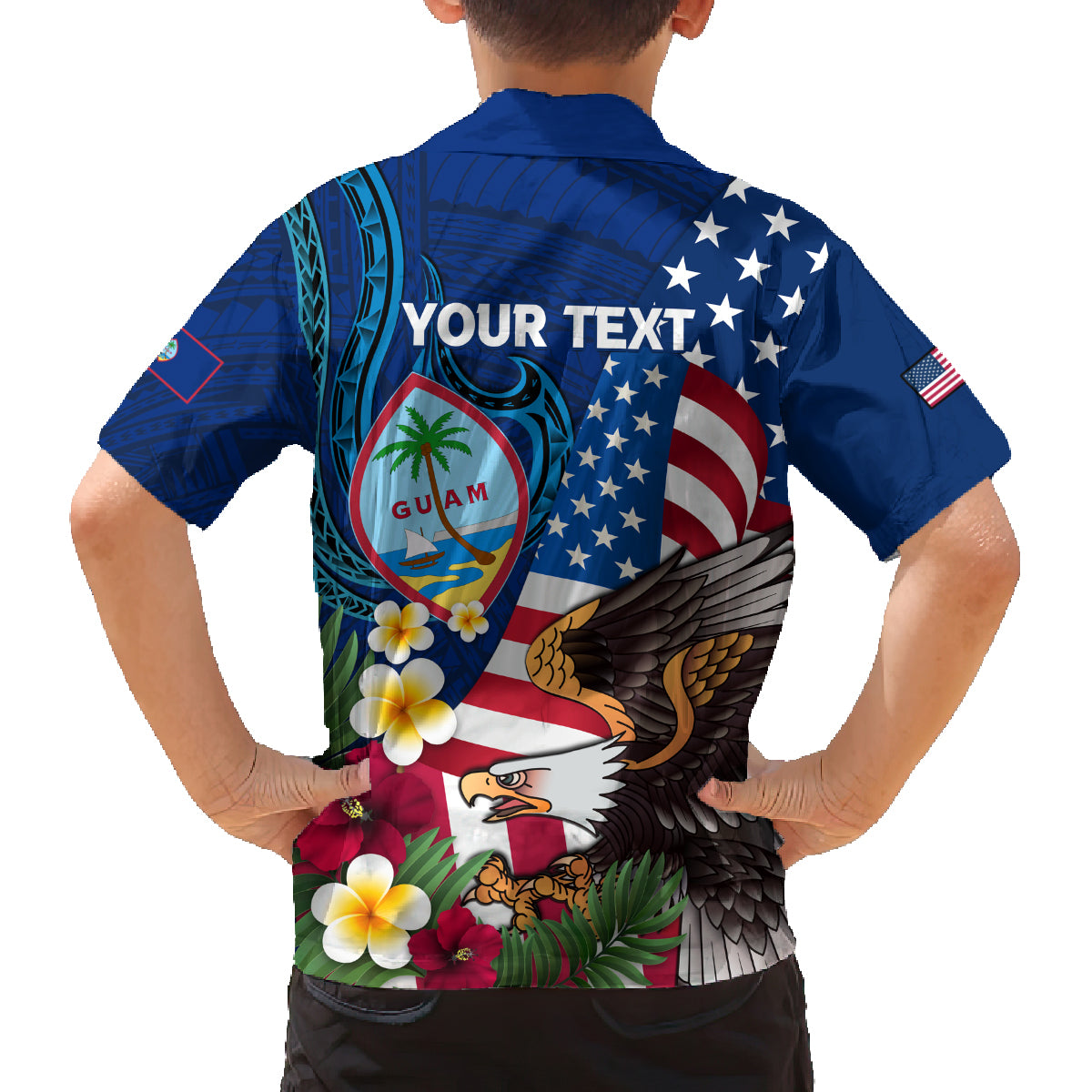 Personalised United States And Guam Family Matching Off The Shoulder Long Sleeve Dress and Hawaiian Shirt USA Eagle With Guahan Seal Tropical Vibes LT14 - Polynesian Pride