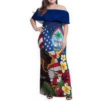 Personalised United States And Guam Family Matching Off Shoulder Maxi Dress and Hawaiian Shirt USA Eagle With Guahan Seal Tropical Vibes LT14 Mom's Dress Blue - Polynesian Pride