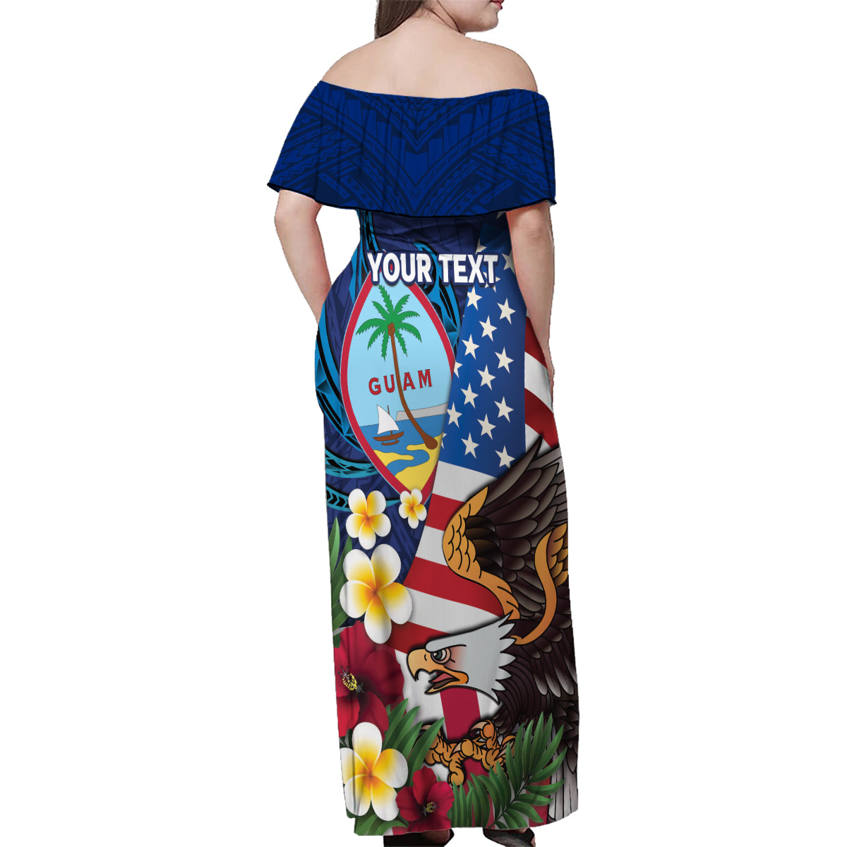 Personalised United States And Guam Family Matching Off Shoulder Maxi Dress and Hawaiian Shirt USA Eagle With Guahan Seal Tropical Vibes LT14 - Polynesian Pride