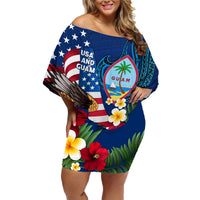 Personalised United States And Guam Family Matching Off Shoulder Short Dress and Hawaiian Shirt USA Eagle With Guahan Seal Tropical Vibes LT14 Mom's Dress Blue - Polynesian Pride