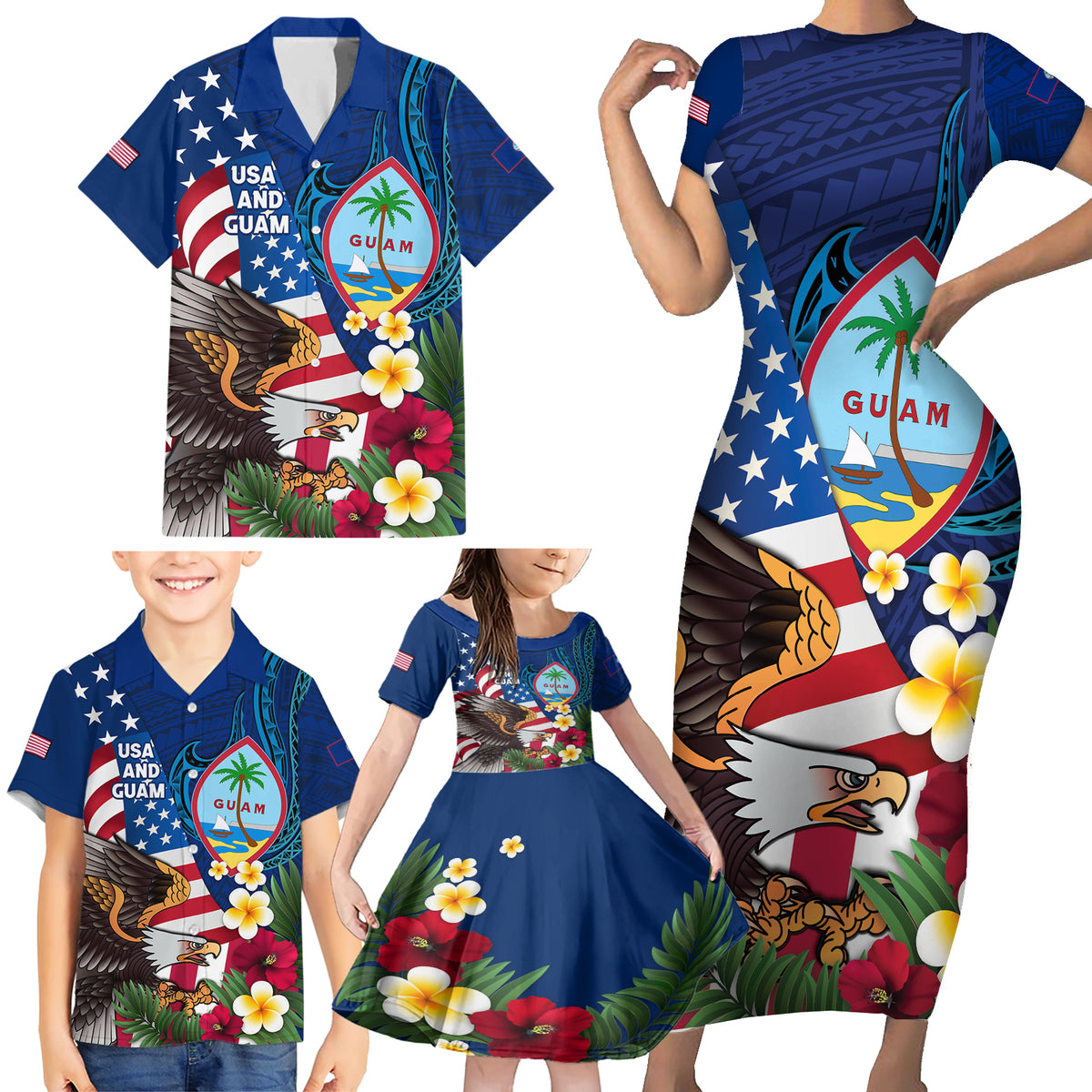 Personalised United States And Guam Family Matching Short Sleeve Bodycon Dress and Hawaiian Shirt USA Eagle With Guahan Seal Tropical Vibes LT14 - Polynesian Pride