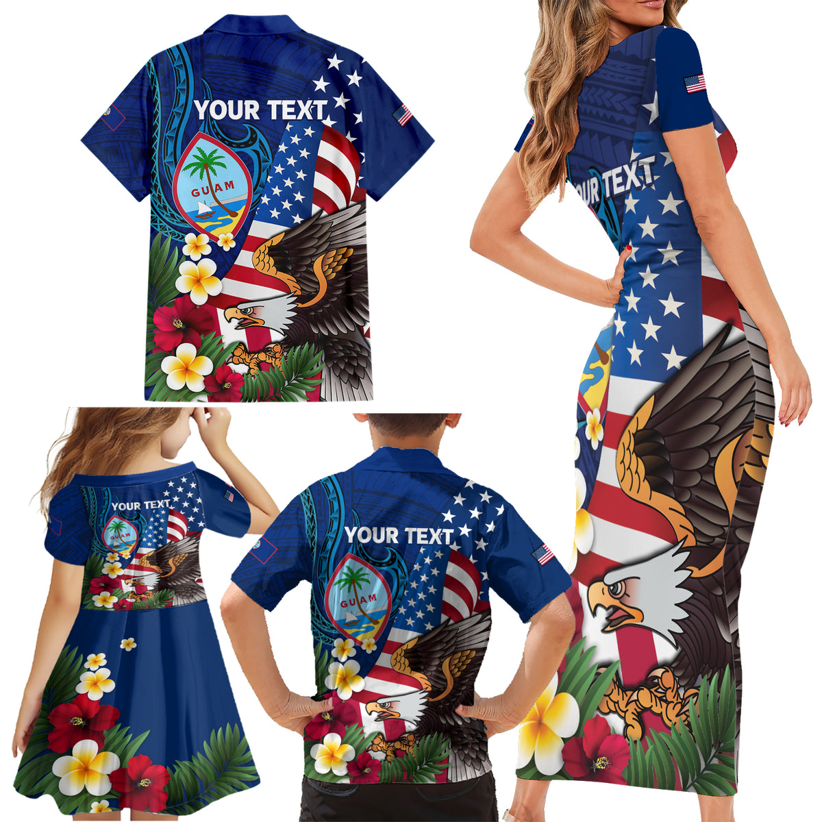 Personalised United States And Guam Family Matching Short Sleeve Bodycon Dress and Hawaiian Shirt USA Eagle With Guahan Seal Tropical Vibes LT14 - Polynesian Pride