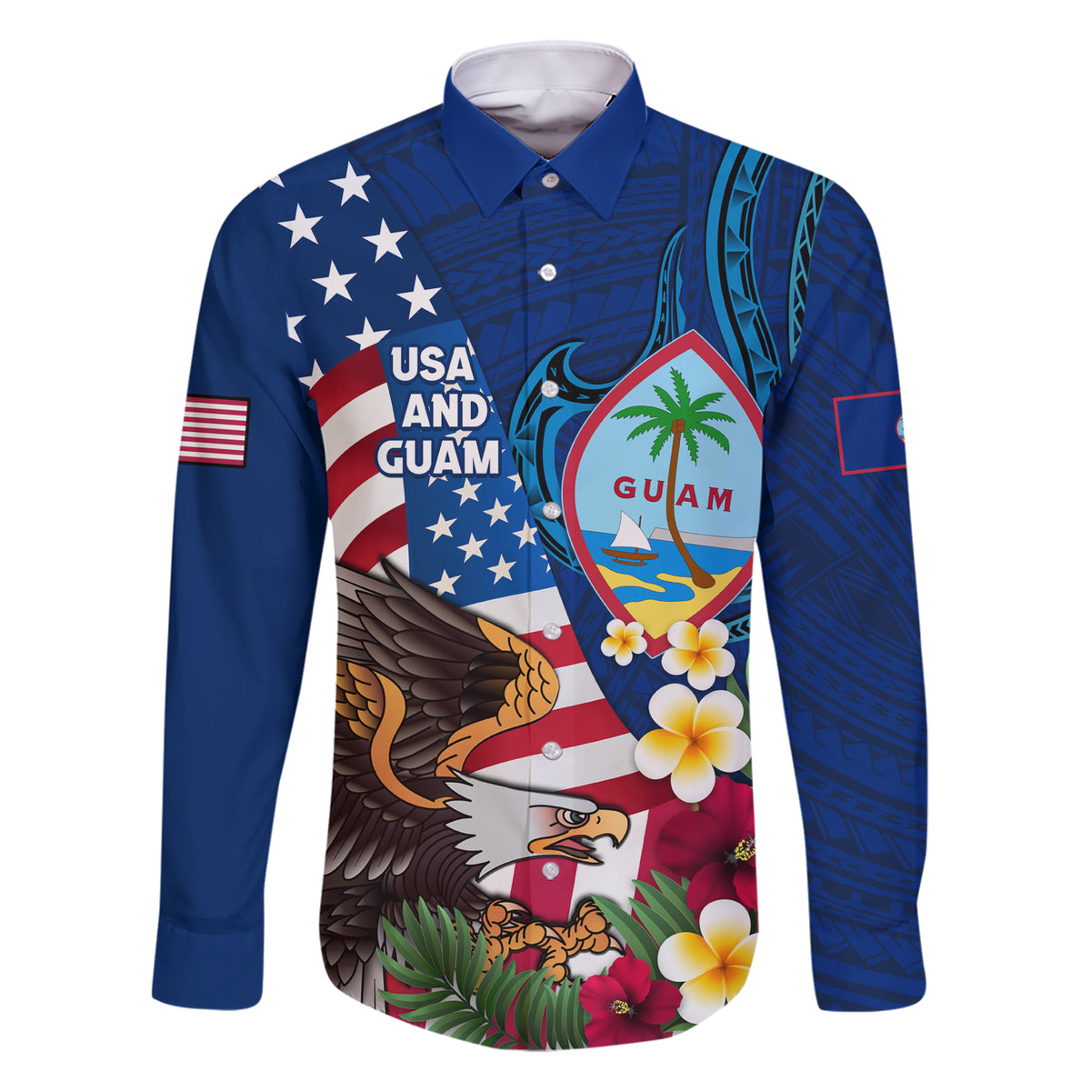 Personalised United States And Guam Family Matching Short Sleeve Bodycon Dress and Hawaiian Shirt USA Eagle With Guahan Seal Tropical Vibes LT14 Dad's Shirt - Long Sleeve Blue - Polynesian Pride