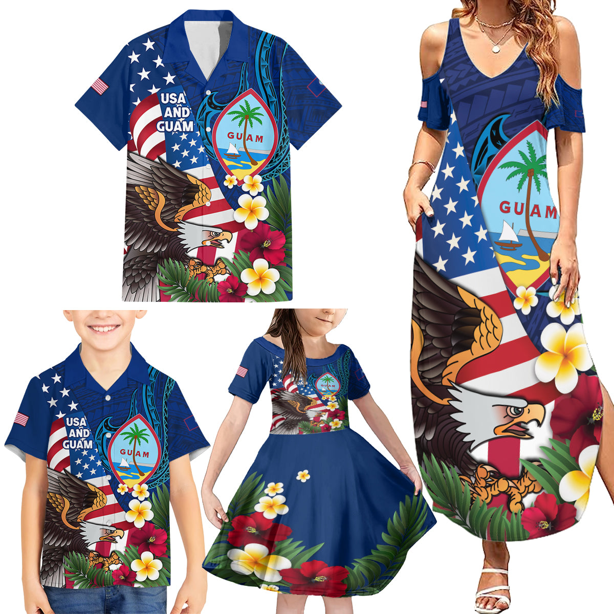 Personalised United States And Guam Family Matching Summer Maxi Dress and Hawaiian Shirt USA Eagle With Guahan Seal Tropical Vibes LT14 - Polynesian Pride
