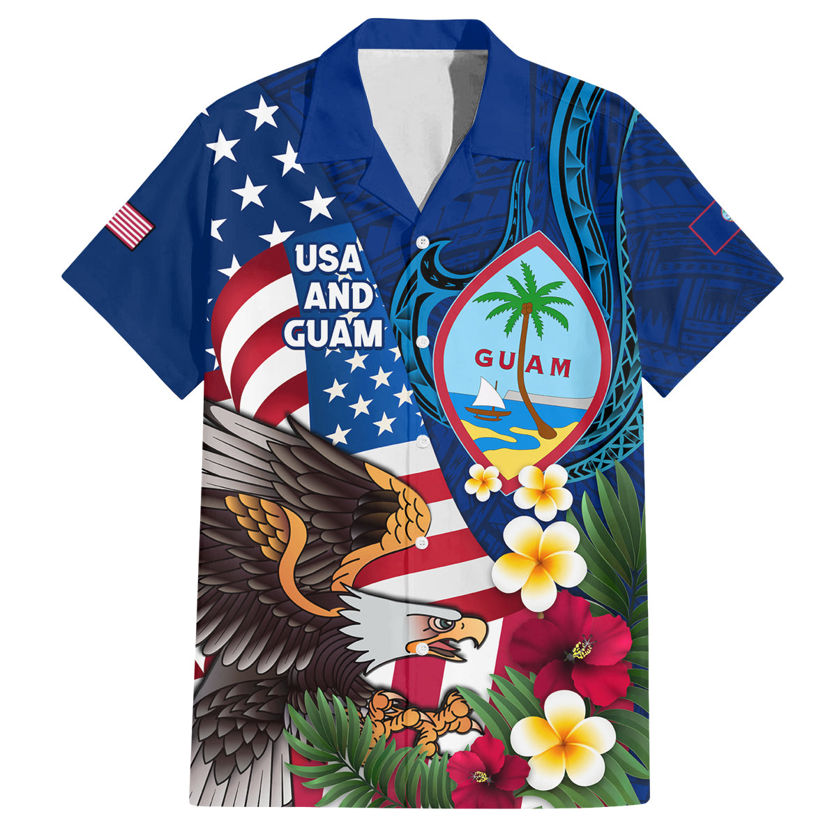 Personalised United States And Guam Family Matching Summer Maxi Dress and Hawaiian Shirt USA Eagle With Guahan Seal Tropical Vibes LT14 Dad's Shirt - Short Sleeve Blue - Polynesian Pride
