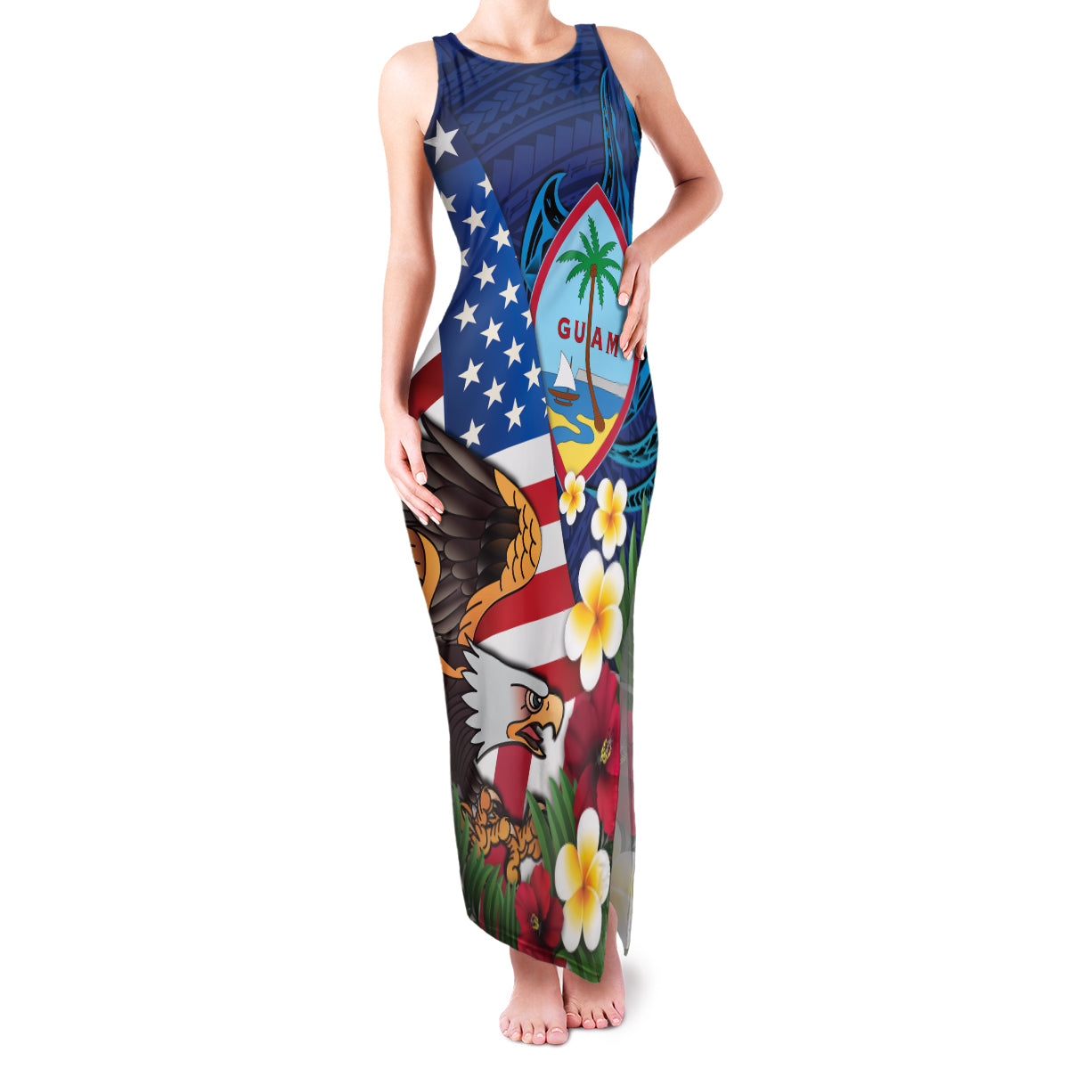 Personalised United States And Guam Family Matching Tank Maxi Dress and Hawaiian Shirt USA Eagle With Guahan Seal Tropical Vibes LT14 Mom's Dress Blue - Polynesian Pride