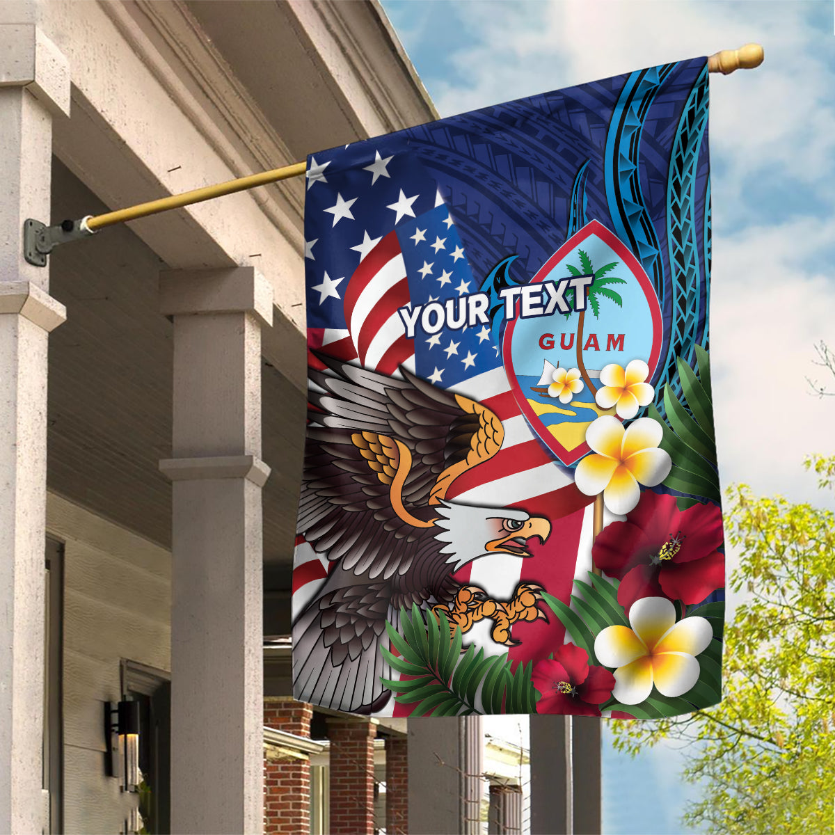 Personalised United States And Guam Garden Flag USA Eagle With Guahan Seal Tropical Vibes LT14 House Flag Blue - Polynesian Pride