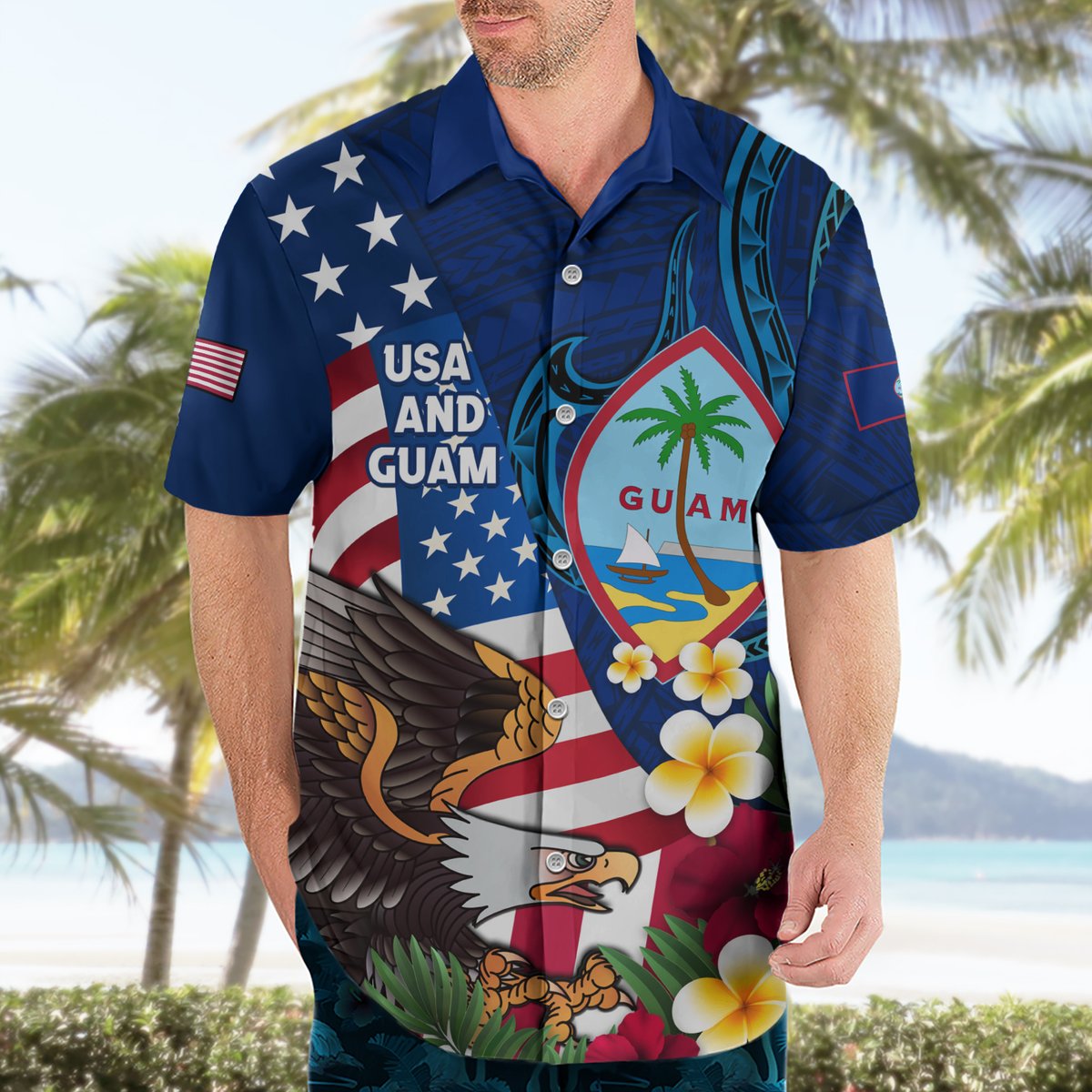Personalised United States And Guam Hawaiian Shirt USA Eagle With Guahan Seal Tropical Vibes LT14 - Polynesian Pride