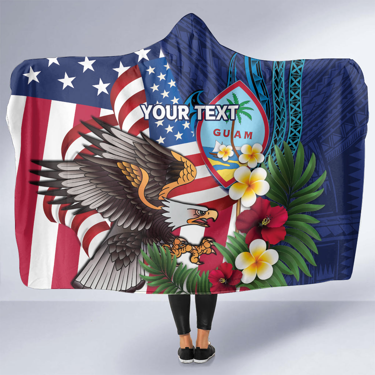 Personalised United States And Guam Hooded Blanket USA Eagle With Guahan Seal Tropical Vibes LT14 - Polynesian Pride