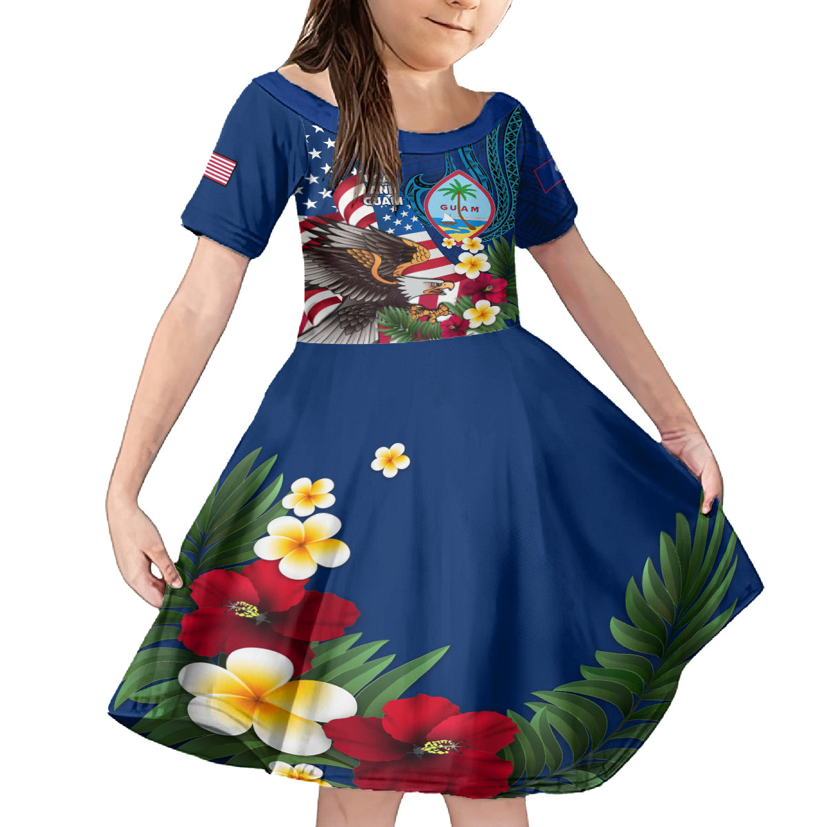 Personalised United States And Guam Kid Short Sleeve Dress USA Eagle With Guahan Seal Tropical Vibes LT14 KID Blue - Polynesian Pride