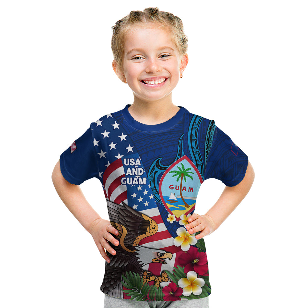 Personalised United States And Guam Kid T Shirt USA Eagle With Guahan Seal Tropical Vibes LT14 Blue - Polynesian Pride