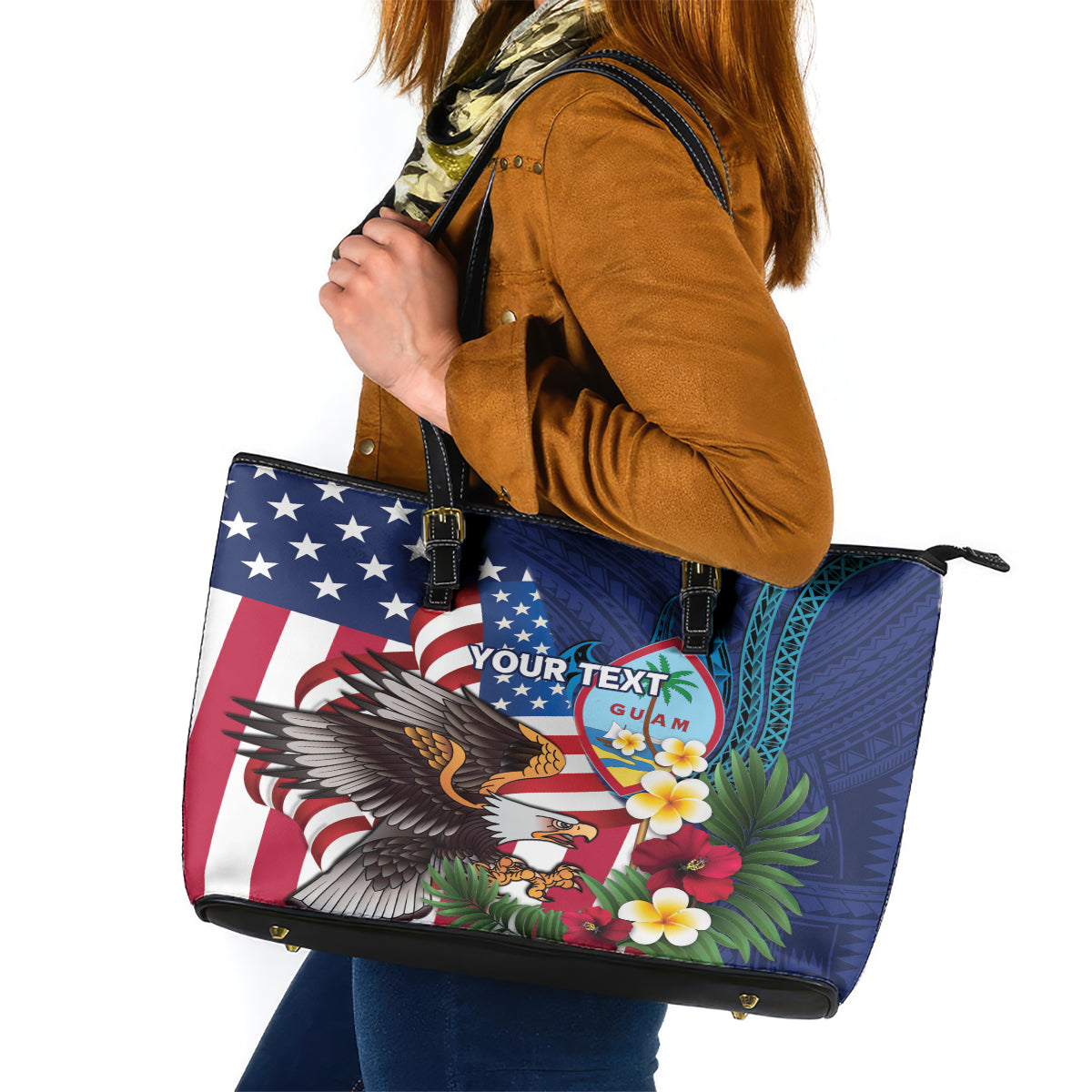 Personalised United States And Guam Leather Tote Bag USA Eagle With Guahan Seal Tropical Vibes LT14 Blue - Polynesian Pride