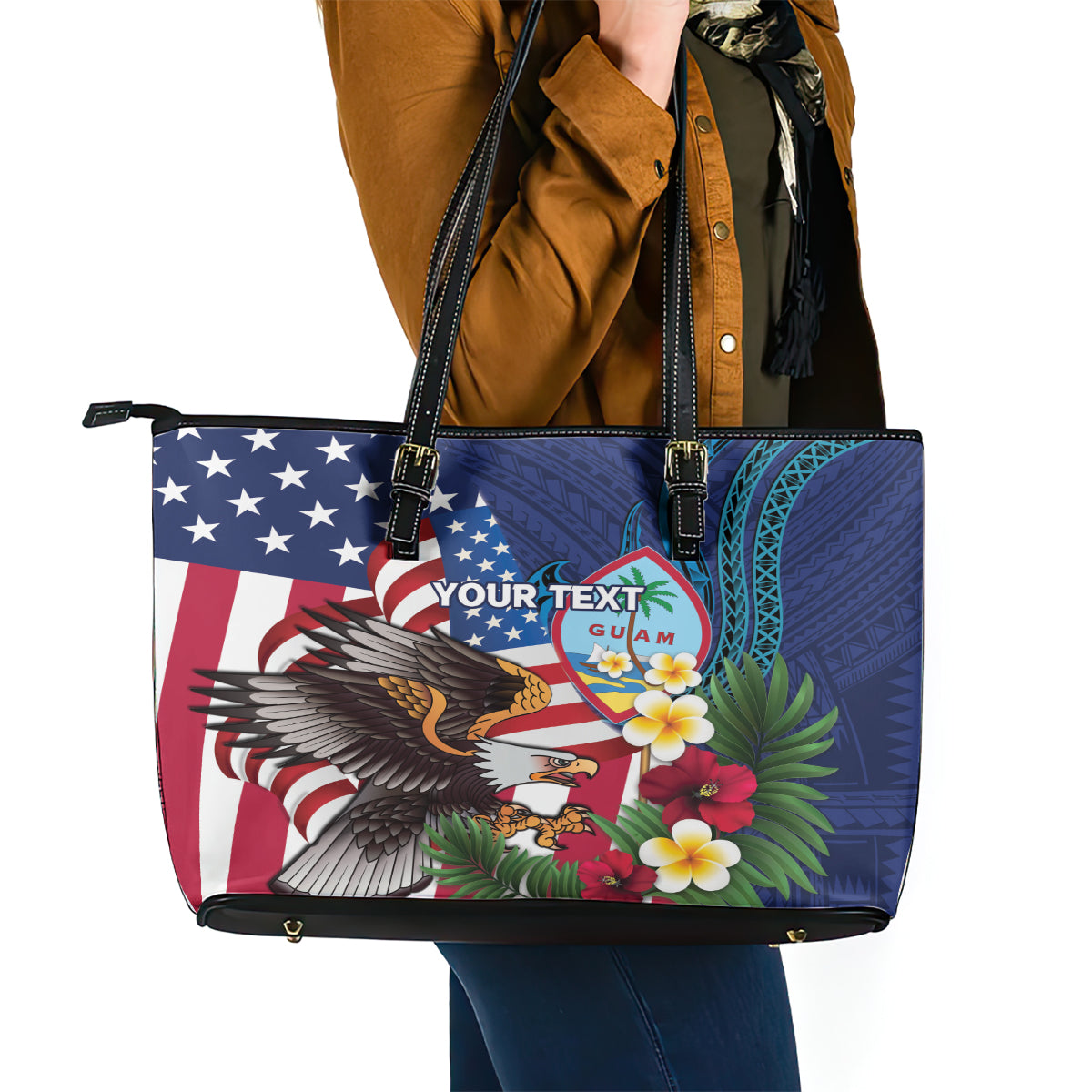 Personalised United States And Guam Leather Tote Bag USA Eagle With Guahan Seal Tropical Vibes LT14 - Polynesian Pride