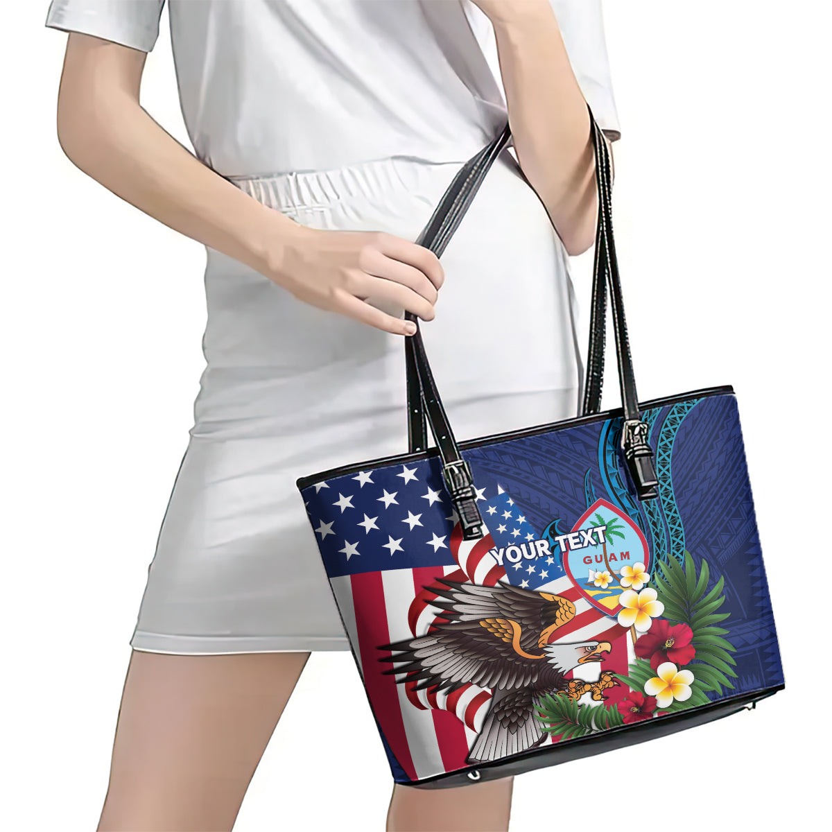 Personalised United States And Guam Leather Tote Bag USA Eagle With Guahan Seal Tropical Vibes LT14 - Polynesian Pride