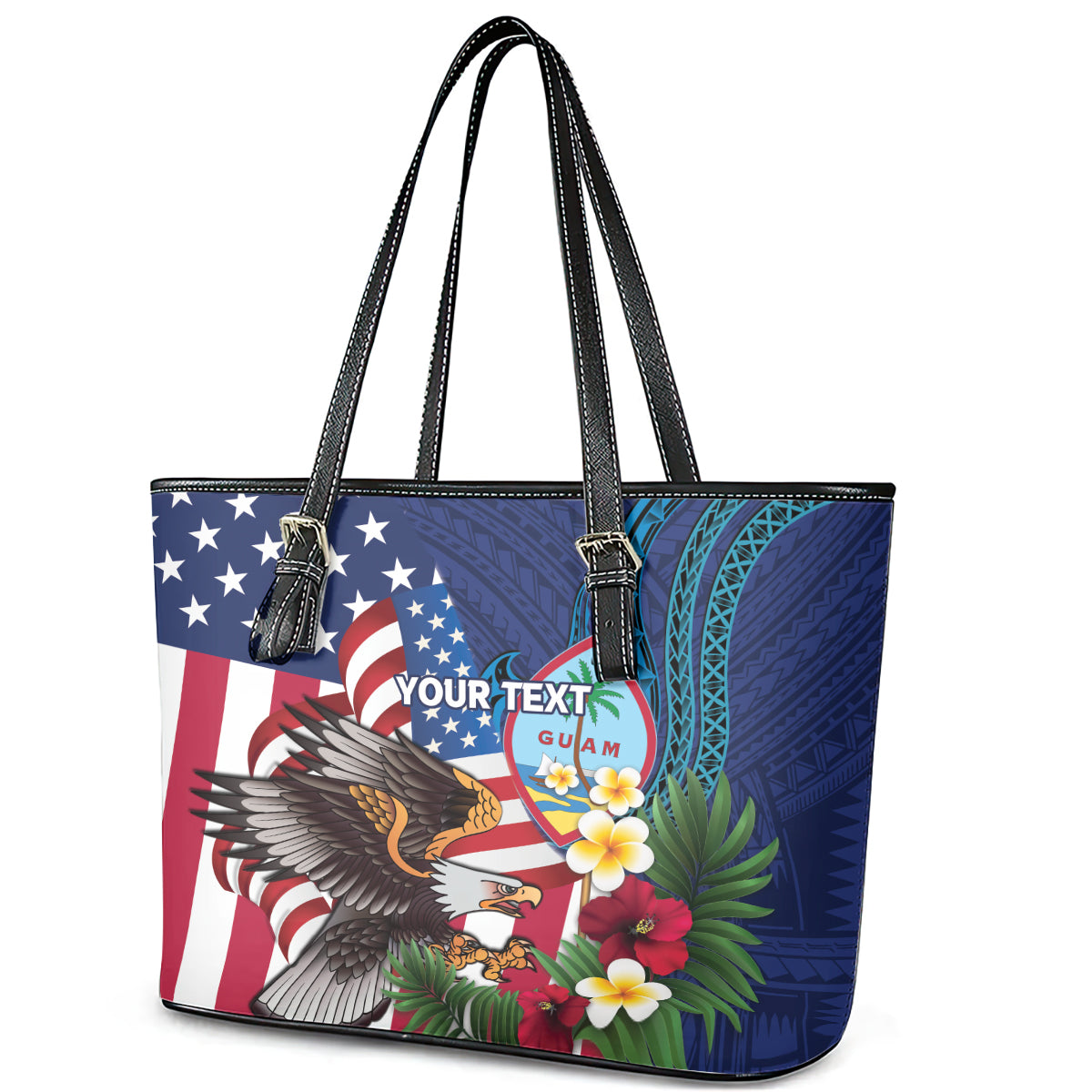 Personalised United States And Guam Leather Tote Bag USA Eagle With Guahan Seal Tropical Vibes LT14 - Polynesian Pride