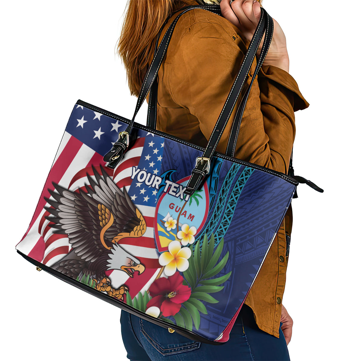 Personalised United States And Guam Leather Tote Bag USA Eagle With Guahan Seal Tropical Vibes LT14 - Polynesian Pride
