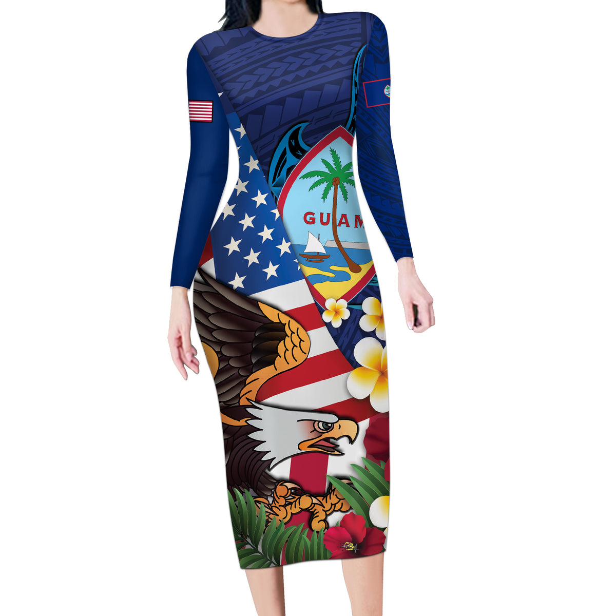 Personalised United States And Guam Long Sleeve Bodycon Dress USA Eagle With Guahan Seal Tropical Vibes LT14 Long Dress Blue - Polynesian Pride