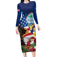 Personalised United States And Guam Long Sleeve Bodycon Dress USA Eagle With Guahan Seal Tropical Vibes LT14 Long Dress Blue - Polynesian Pride
