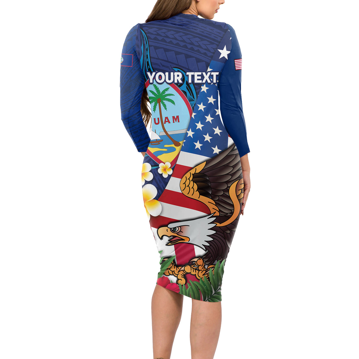 Personalised United States And Guam Long Sleeve Bodycon Dress USA Eagle With Guahan Seal Tropical Vibes LT14 - Polynesian Pride