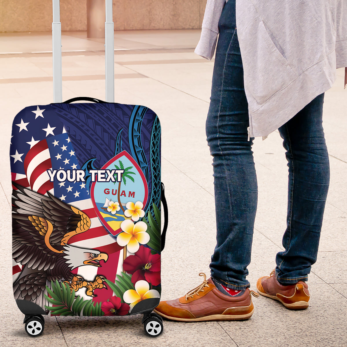 Personalised United States And Guam Luggage Cover USA Eagle With Guahan Seal Tropical Vibes LT14 Blue - Polynesian Pride