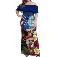 Personalised United States And Guam Off Shoulder Maxi Dress USA Eagle With Guahan Seal Tropical Vibes LT14 Women Blue - Polynesian Pride