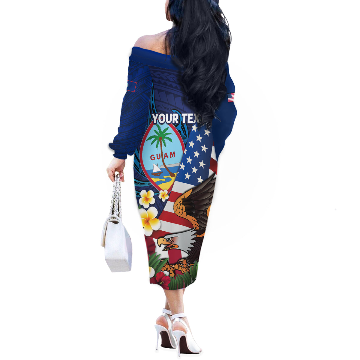 Personalised United States And Guam Off The Shoulder Long Sleeve Dress USA Eagle With Guahan Seal Tropical Vibes LT14 - Polynesian Pride