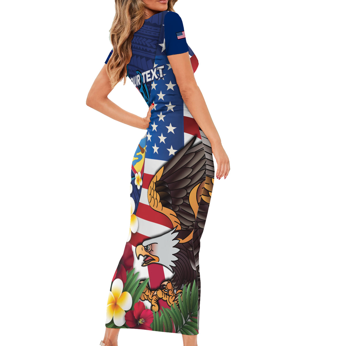 Personalised United States And Guam Short Sleeve Bodycon Dress USA Eagle With Guahan Seal Tropical Vibes LT14 - Polynesian Pride