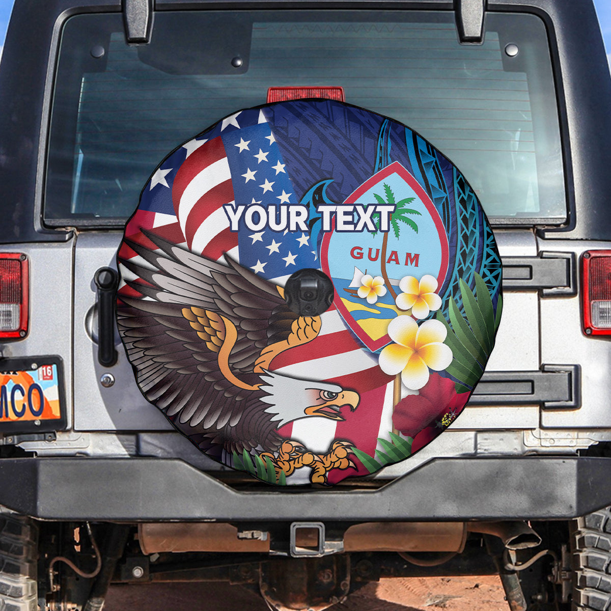 Personalised United States And Guam Spare Tire Cover USA Eagle With Guahan Seal Tropical Vibes LT14 Blue - Polynesian Pride