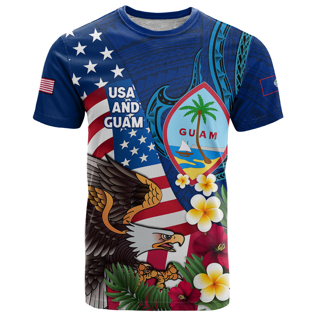 Personalised United States And Guam T Shirt USA Eagle With Guahan Seal Tropical Vibes LT14 Blue - Polynesian Pride