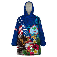 Personalised United States And Guam Wearable Blanket Hoodie USA Eagle With Guahan Seal Tropical Vibes LT14 One Size Blue - Polynesian Pride