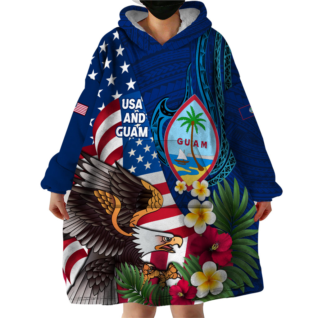 Personalised United States And Guam Wearable Blanket Hoodie USA Eagle With Guahan Seal Tropical Vibes LT14 - Polynesian Pride