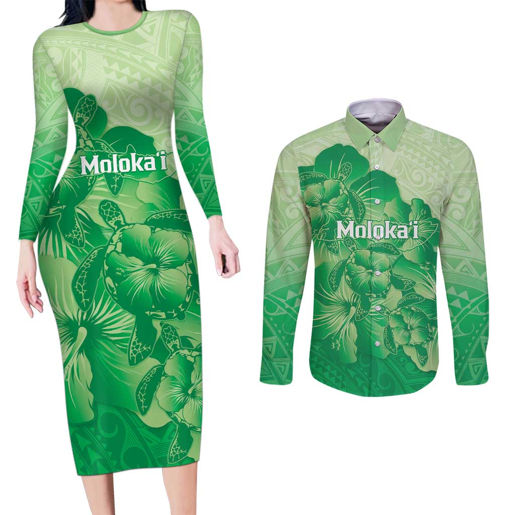 Aloha Hawaii Molokai Island Couples Matching Long Sleeve Bodycon Dress and Long Sleeve Button Shirt Hibiscus Tribal Honu Hawaiian Tattoo Green LT14 Green - Polynesian Pride