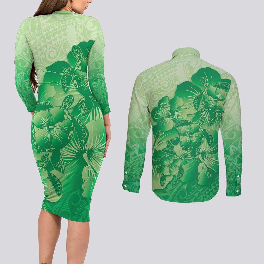 Aloha Hawaii Molokai Island Couples Matching Long Sleeve Bodycon Dress and Long Sleeve Button Shirt Hibiscus Tribal Honu Hawaiian Tattoo Green LT14 - Polynesian Pride