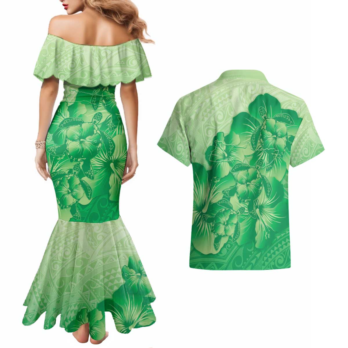 Aloha Hawaii Molokai Island Couples Matching Mermaid Dress and Hawaiian Shirt Hibiscus Tribal Honu Hawaiian Tattoo Green LT14 - Polynesian Pride