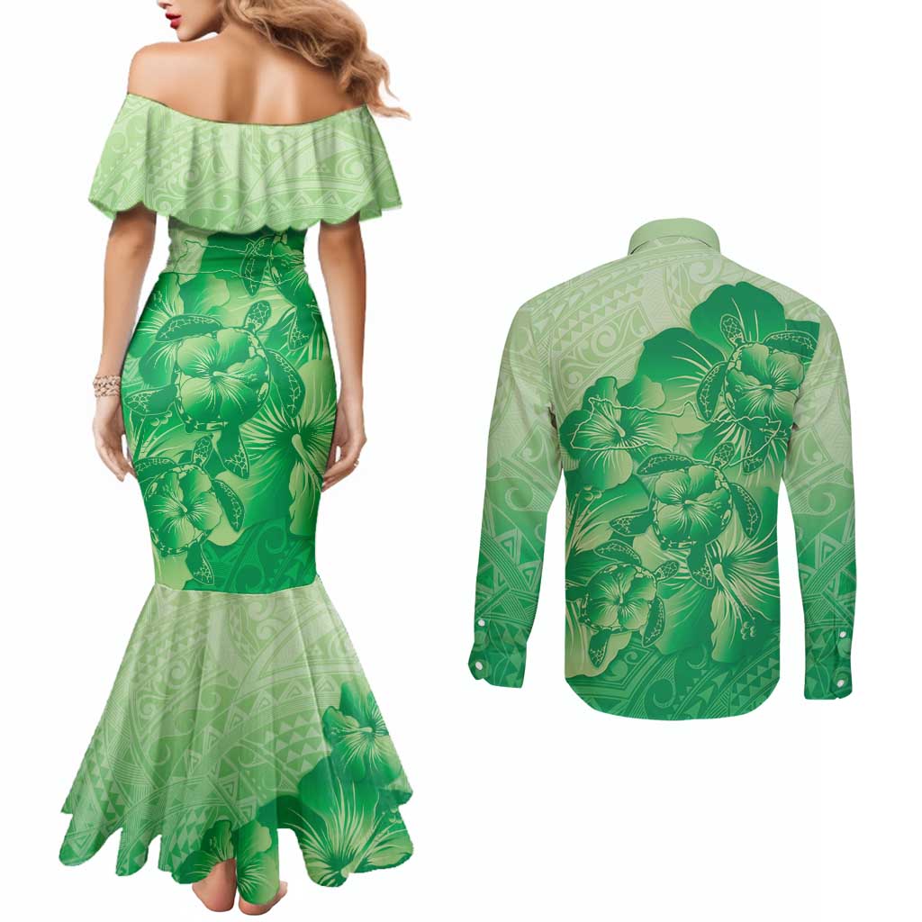 Aloha Hawaii Molokai Island Couples Matching Mermaid Dress and Long Sleeve Button Shirt Hibiscus Tribal Honu Hawaiian Tattoo Green LT14 - Polynesian Pride