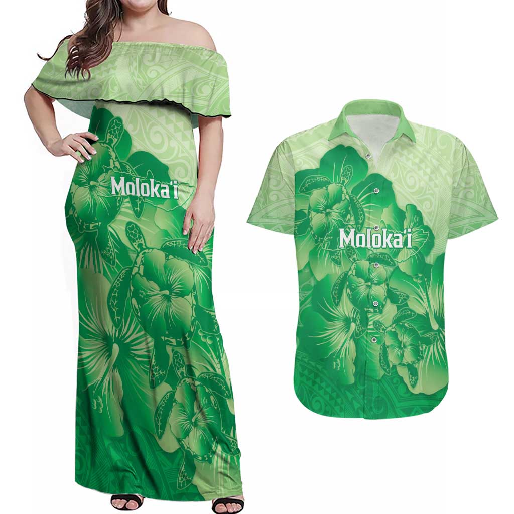 Aloha Hawaii Molokai Island Couples Matching Off Shoulder Maxi Dress and Hawaiian Shirt Hibiscus Tribal Honu Hawaiian Tattoo Green LT14 Green - Polynesian Pride