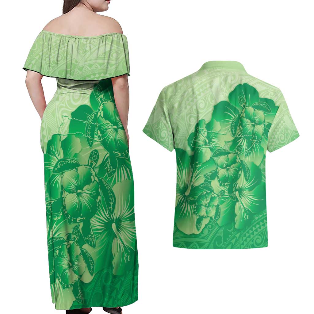 Aloha Hawaii Molokai Island Couples Matching Off Shoulder Maxi Dress and Hawaiian Shirt Hibiscus Tribal Honu Hawaiian Tattoo Green LT14 - Polynesian Pride