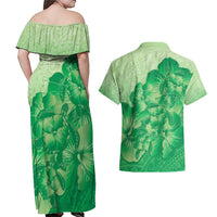 Aloha Hawaii Molokai Island Couples Matching Off Shoulder Maxi Dress and Hawaiian Shirt Hibiscus Tribal Honu Hawaiian Tattoo Green LT14 - Polynesian Pride