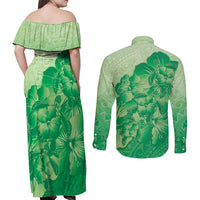 Aloha Hawaii Molokai Island Couples Matching Off Shoulder Maxi Dress and Long Sleeve Button Shirt Hibiscus Tribal Honu Hawaiian Tattoo Green LT14 - Polynesian Pride