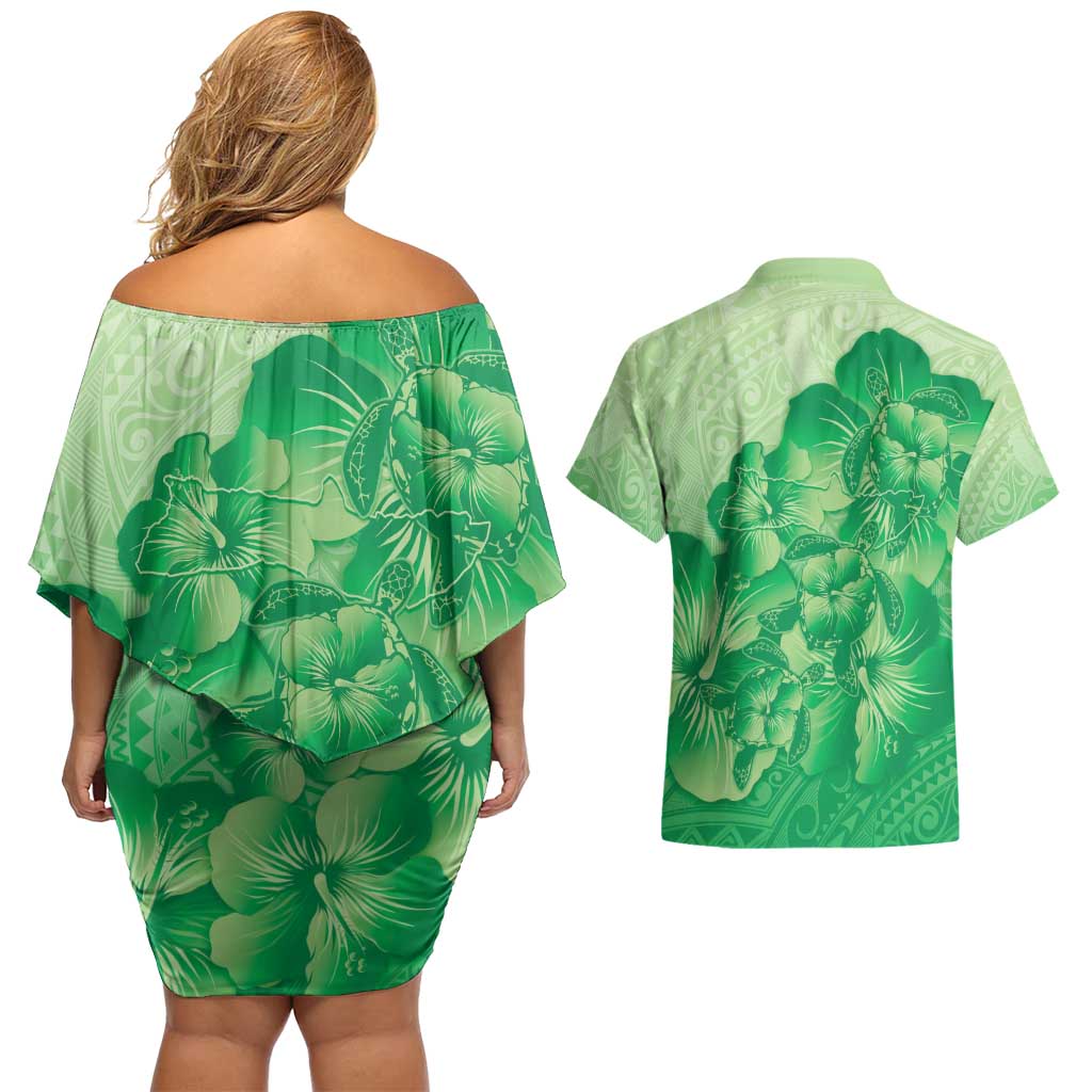 Aloha Hawaii Molokai Island Couples Matching Off Shoulder Short Dress and Hawaiian Shirt Hibiscus Tribal Honu Hawaiian Tattoo Green LT14 - Polynesian Pride