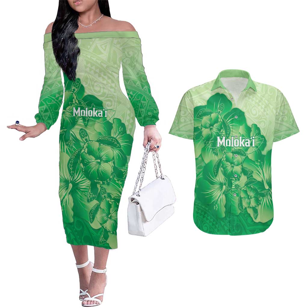 Aloha Hawaii Molokai Island Couples Matching Off The Shoulder Long Sleeve Dress and Hawaiian Shirt Hibiscus Tribal Honu Hawaiian Tattoo Green LT14 Green - Polynesian Pride