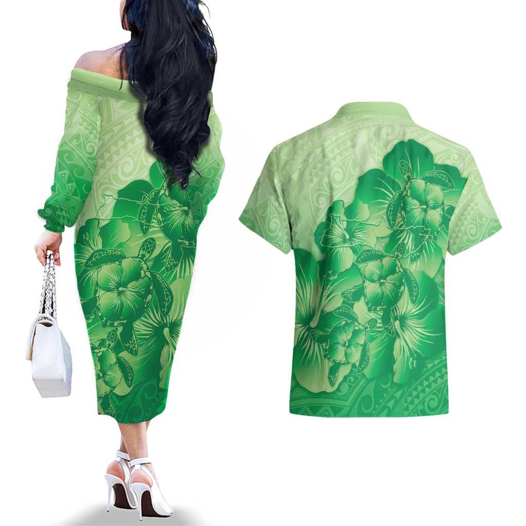 Aloha Hawaii Molokai Island Couples Matching Off The Shoulder Long Sleeve Dress and Hawaiian Shirt Hibiscus Tribal Honu Hawaiian Tattoo Green LT14 - Polynesian Pride