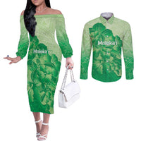Aloha Hawaii Molokai Island Couples Matching Off The Shoulder Long Sleeve Dress and Long Sleeve Button Shirt Hibiscus Tribal Honu Hawaiian Tattoo Green LT14 Green - Polynesian Pride
